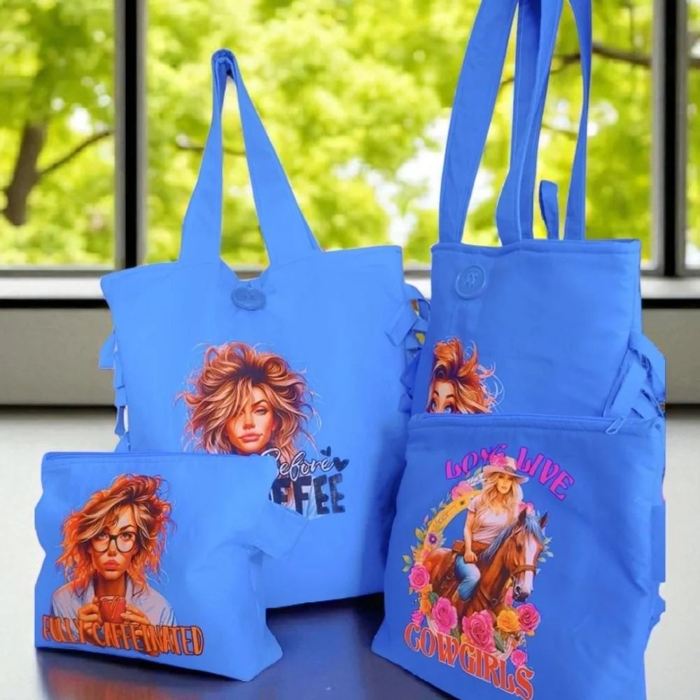 Vibrant Blue Tote Bag with Decorative Design